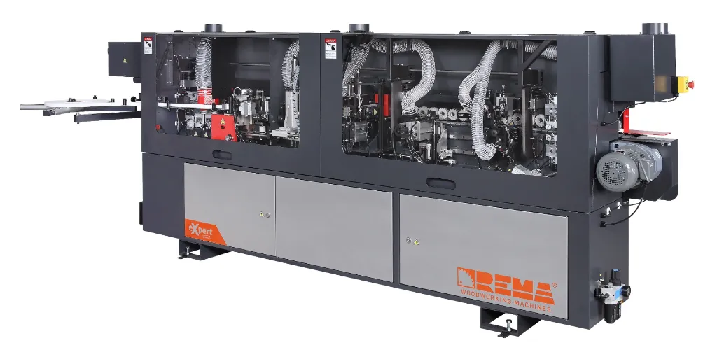 Okleiniarka REMA eXpert automatic ze wstępnym frezowaniem, podgrzewaniem płyty, 2 cyklinami (cyklina płaska, cyklina promieniowa), zarabianiem naroży, polerką